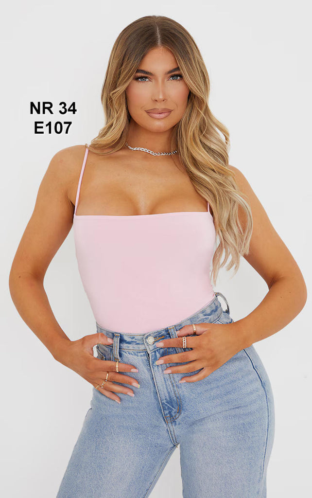 Baby Pink Slinky Square Neck Spaghetti Strap Bodysuit