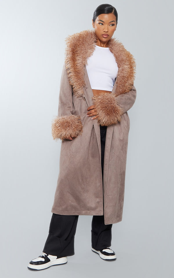 Light Mocha Faux Fur Trim Faux Suede Belted Trench Coat