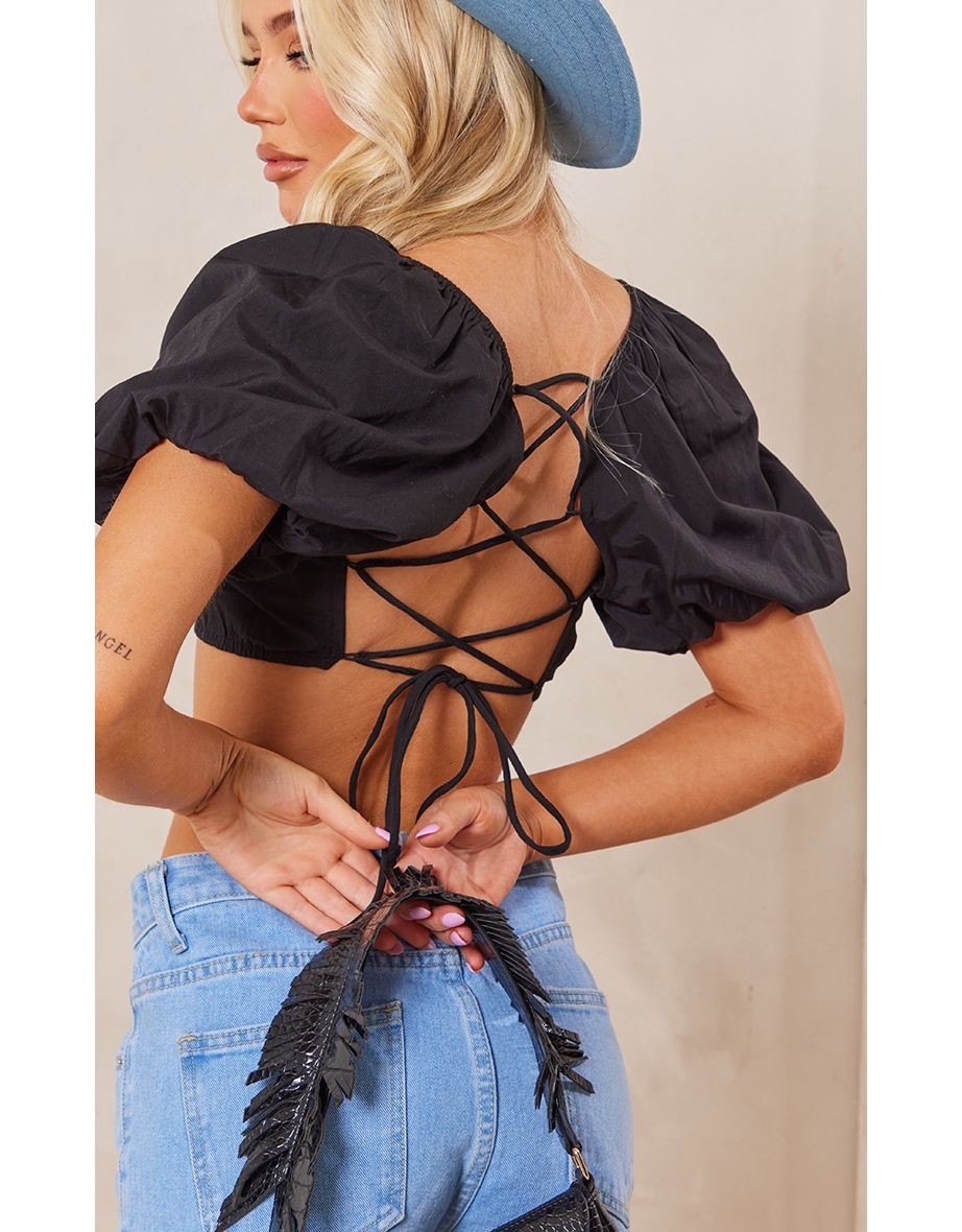Black Woven Lace Back Puff Sleeve Crop Top