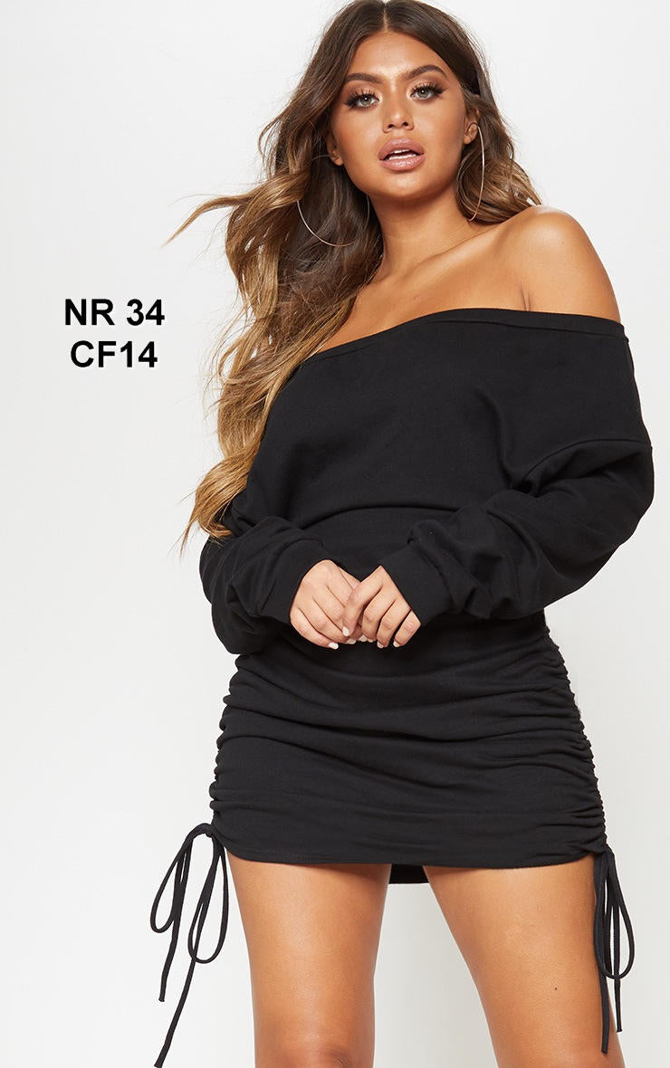 Black Bardot Ruched Side Sweatshirt Dress