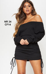 Black Bardot Ruched Side Sweatshirt Dress