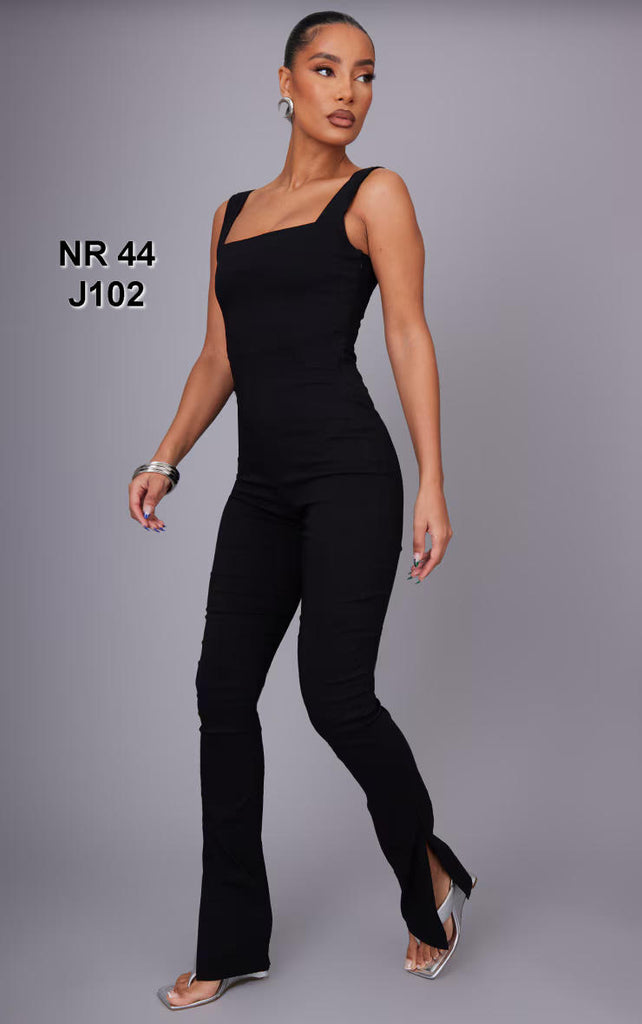 Black Square Neck Thick Strap Stretch Woven Jumpsuit