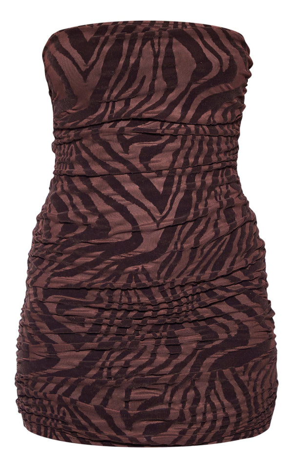 Chocolate Flocked Animal Print Bandeau Ruched Bodycon Dress