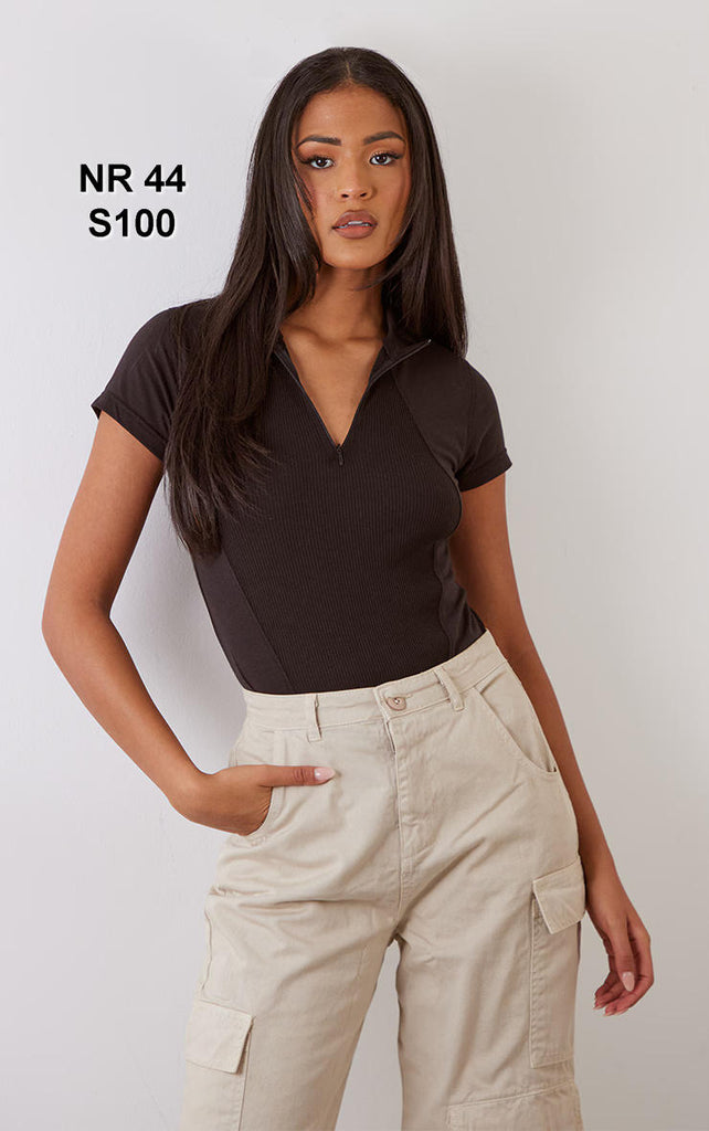 Tall Black Ribbed Quarter Zip Short Sleeve Bodysuit