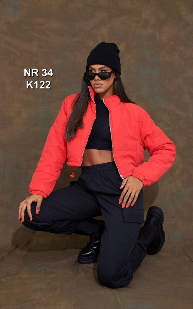 Red Super Cropped Peach Skin Puffer