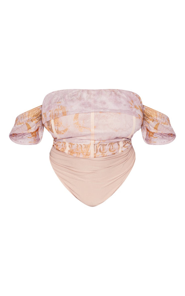 Plus Rose Vintage Floral Printed Mesh Bardot Bodysuit