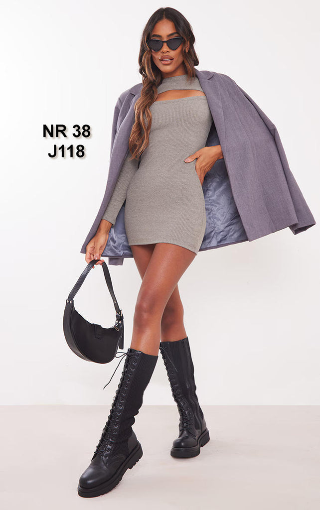 Sage Khaki Rib Cut Out Detail Long Sleeve Bodycon Dress