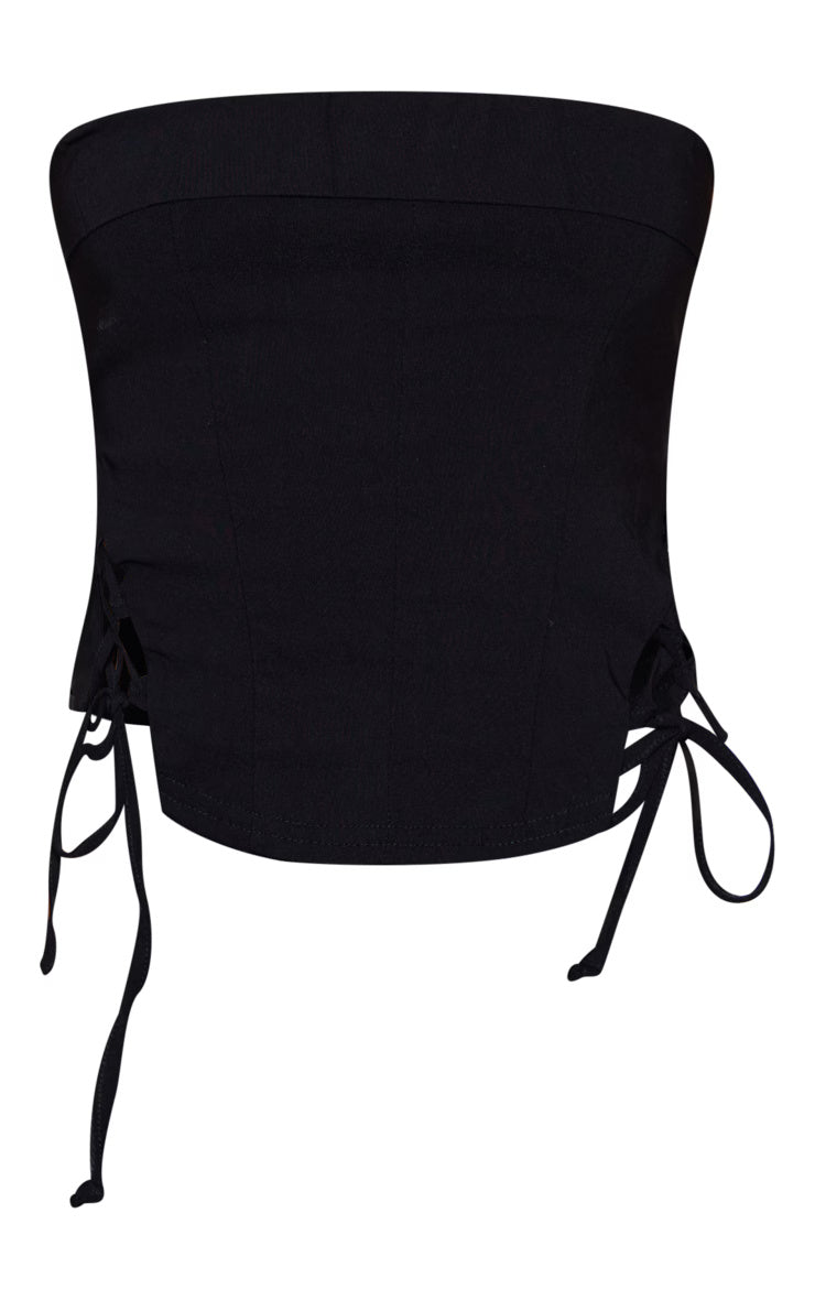 Black Stretch Woven Lace Up Bottom Corset