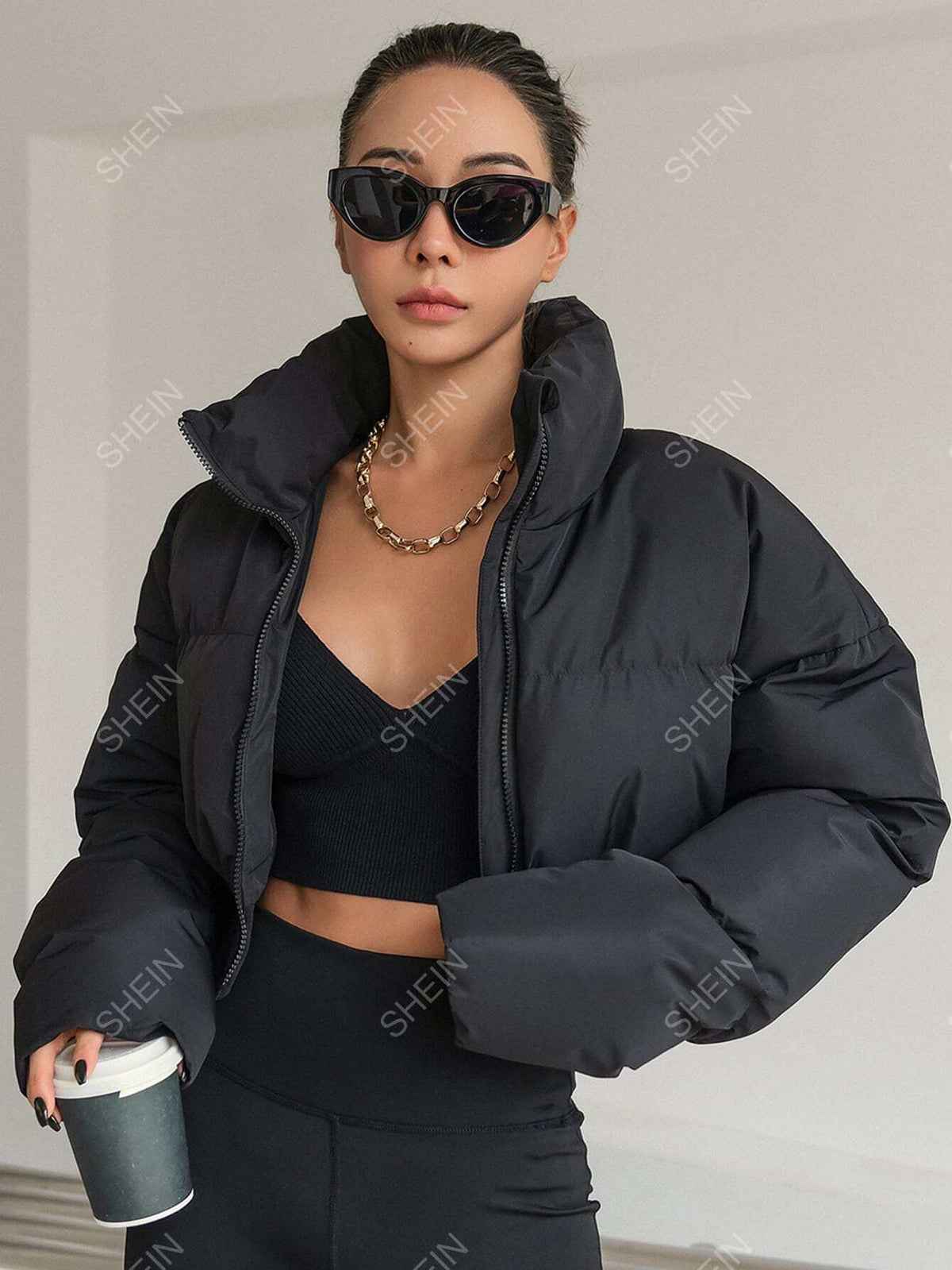 DAZY Drop Shoulder Zipper Puffer Thick Pockets Coat