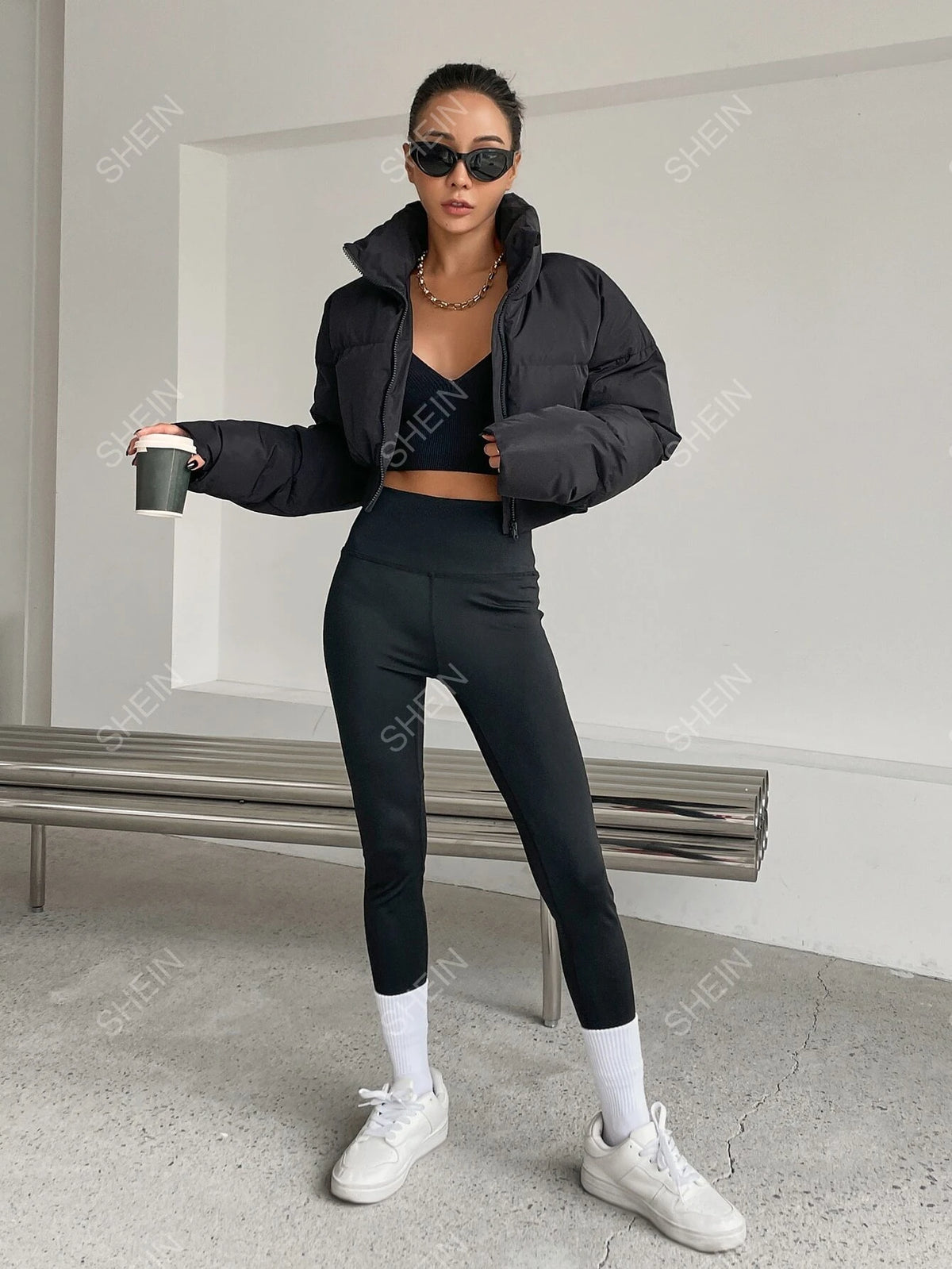 DAZY Drop Shoulder Zipper Puffer Thick Pockets Coat