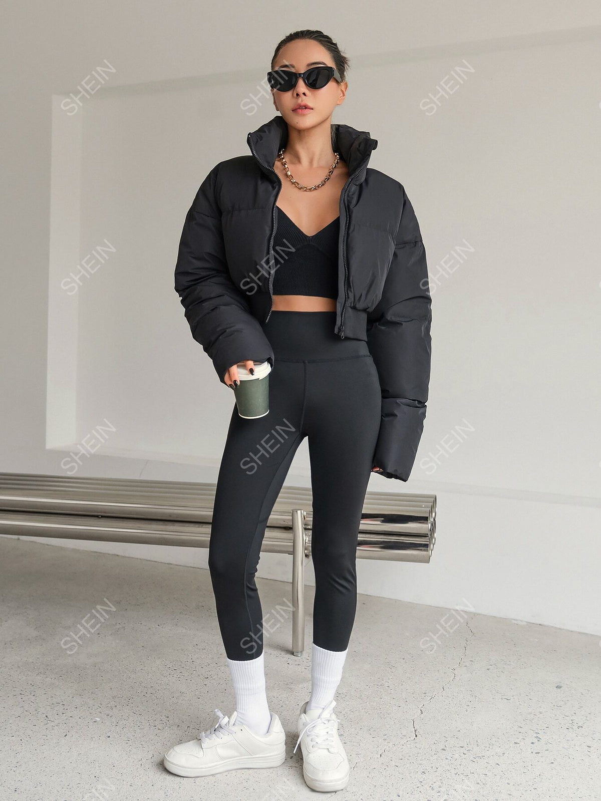 DAZY Drop Shoulder Zipper Puffer Thick Pockets Coat