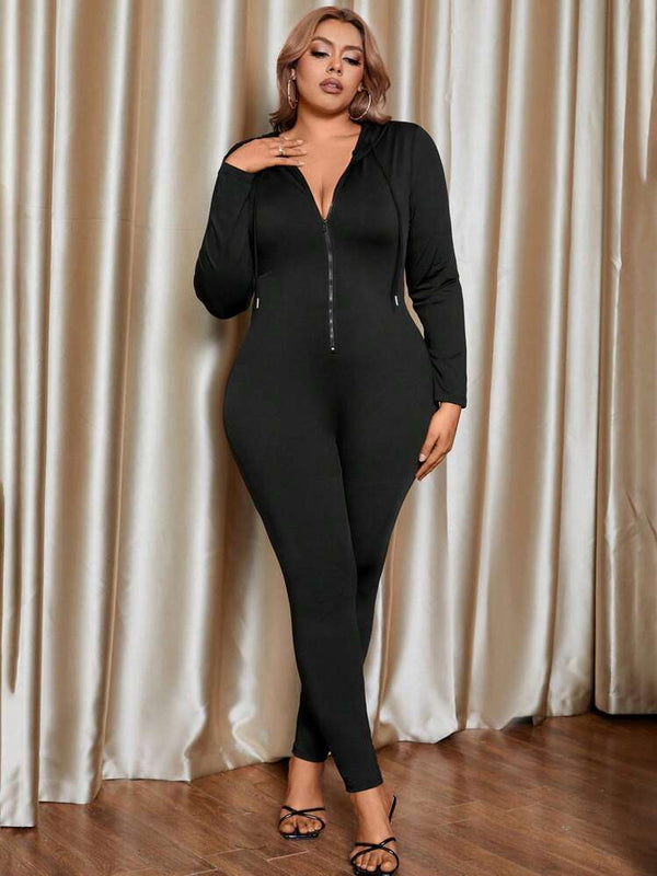 plus black zip up long sleeve jumpsuit