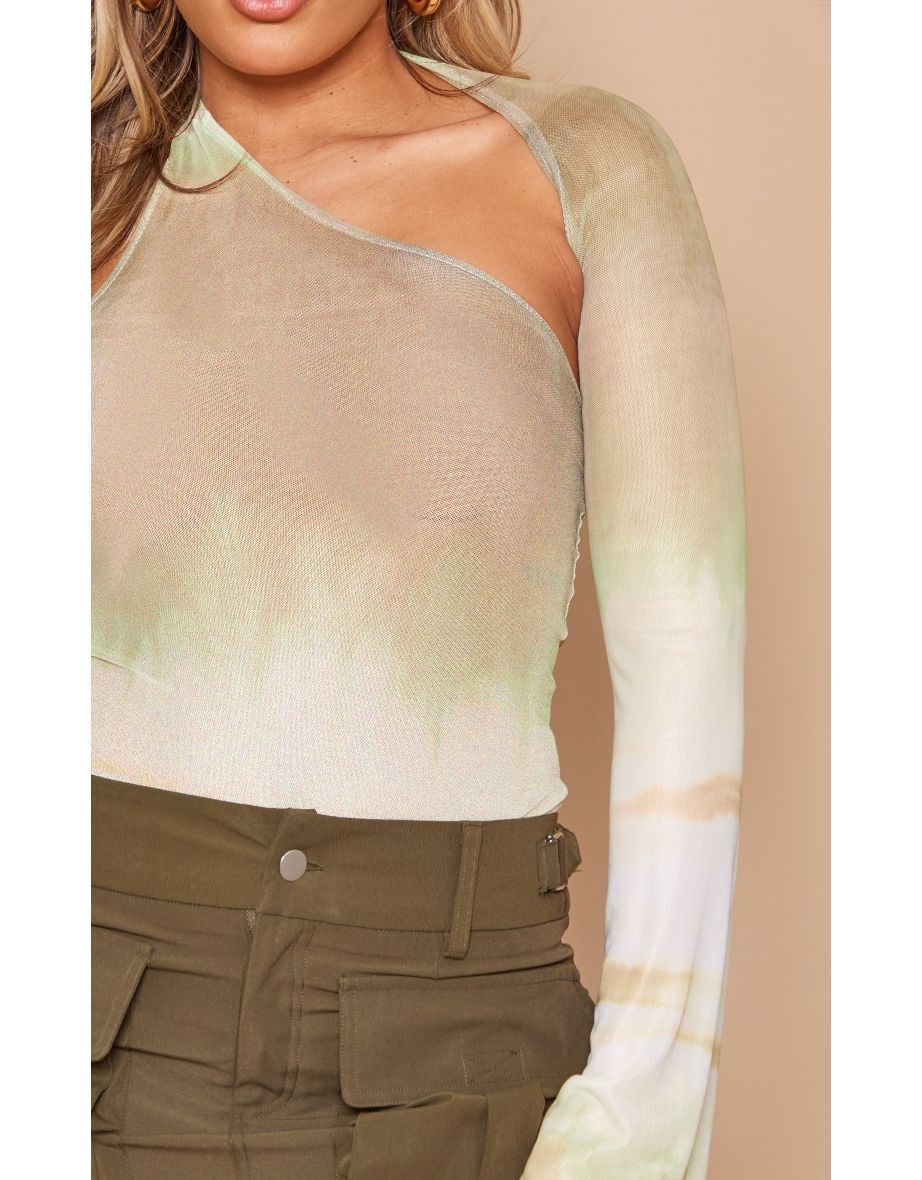 Bodysuit me një sup asimetrik me rrjetë, me printim me motive lulesh, ngjyrë jeshile