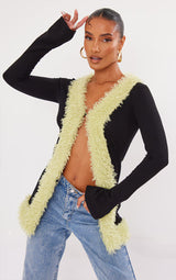 Black Faux Fur Trim Longline Knitted Cardigan