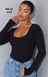 Basic Black Cotton Blend Scoop Neck Long Sleeve Bodysuit
