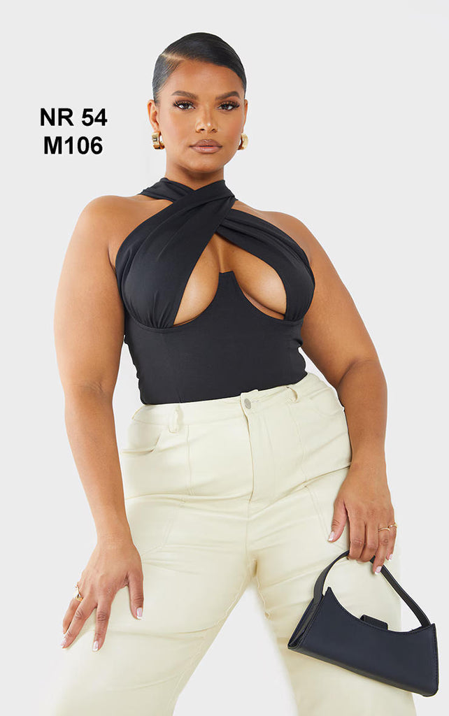 Plus Black Woven Cross Front Underwired Bodysuit
