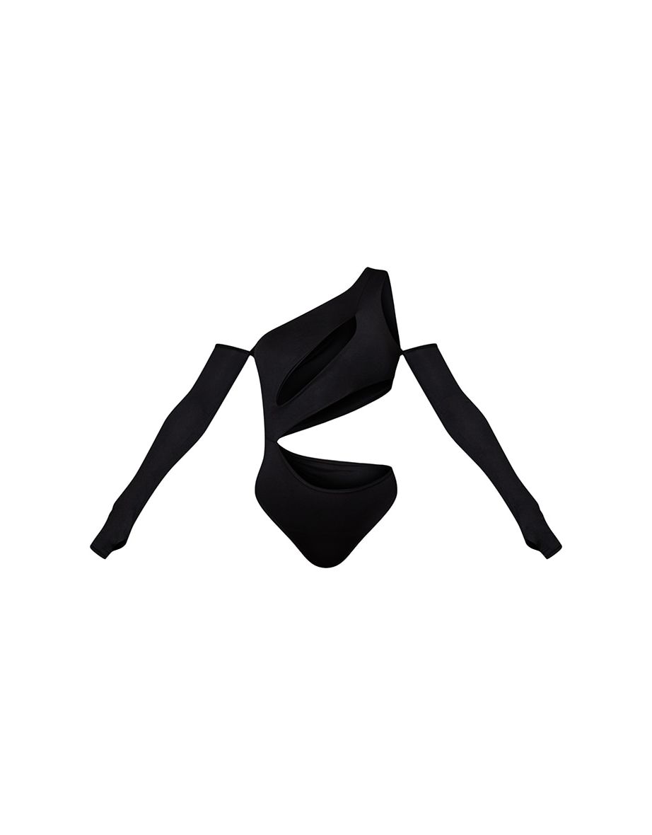 Black Slinky Bardot Thumb Hole Cut Out Bodysuit