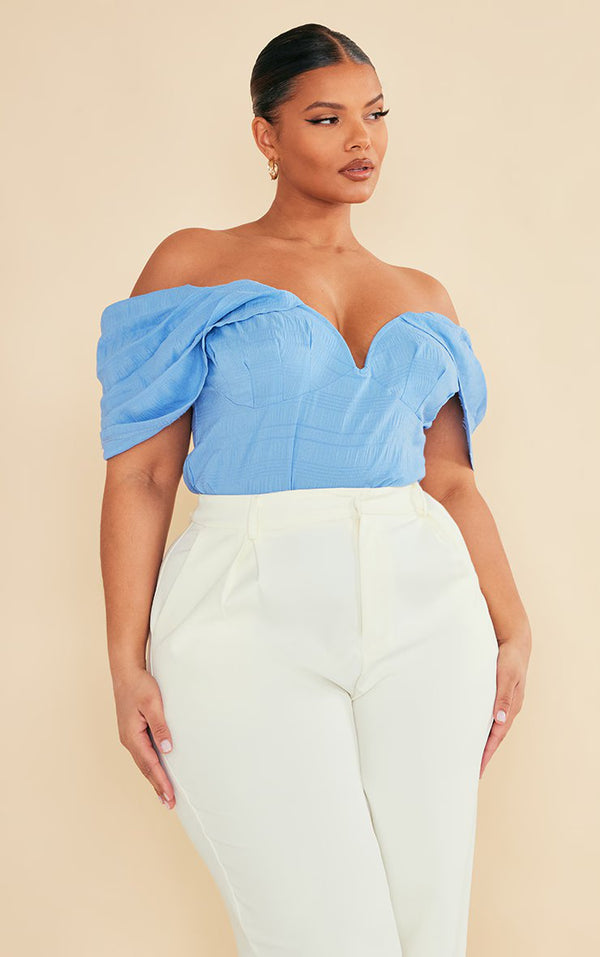 Plus Blue Textured Bardot Bodysuit