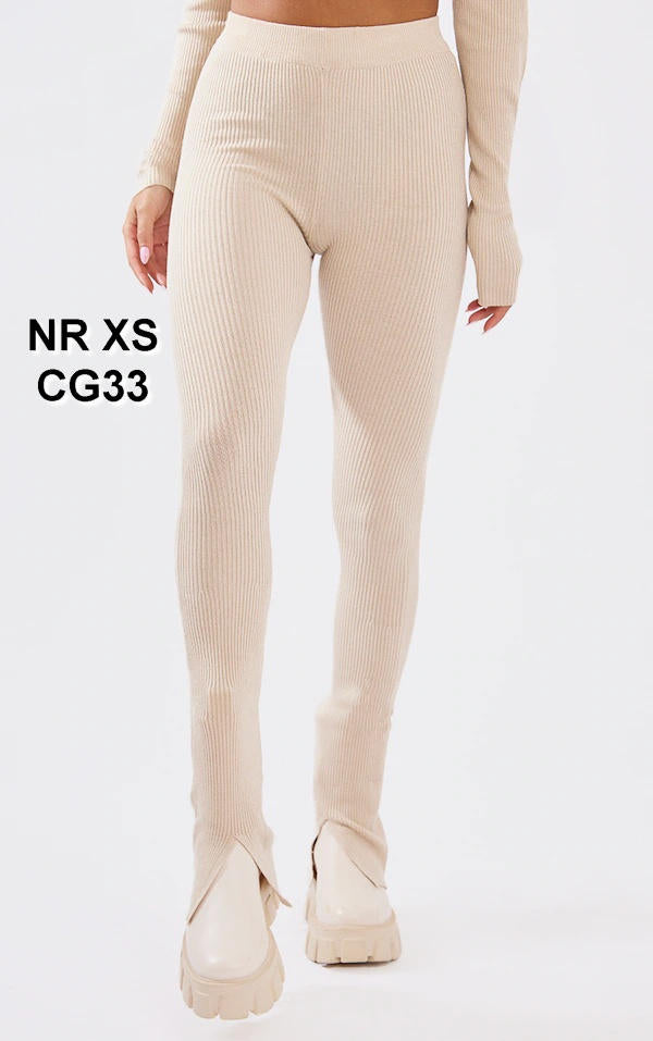 Petite Oatmeal Knitted Split Hem Flare Trousers