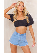 Black Woven Lace Back Puff Sleeve Crop Top
