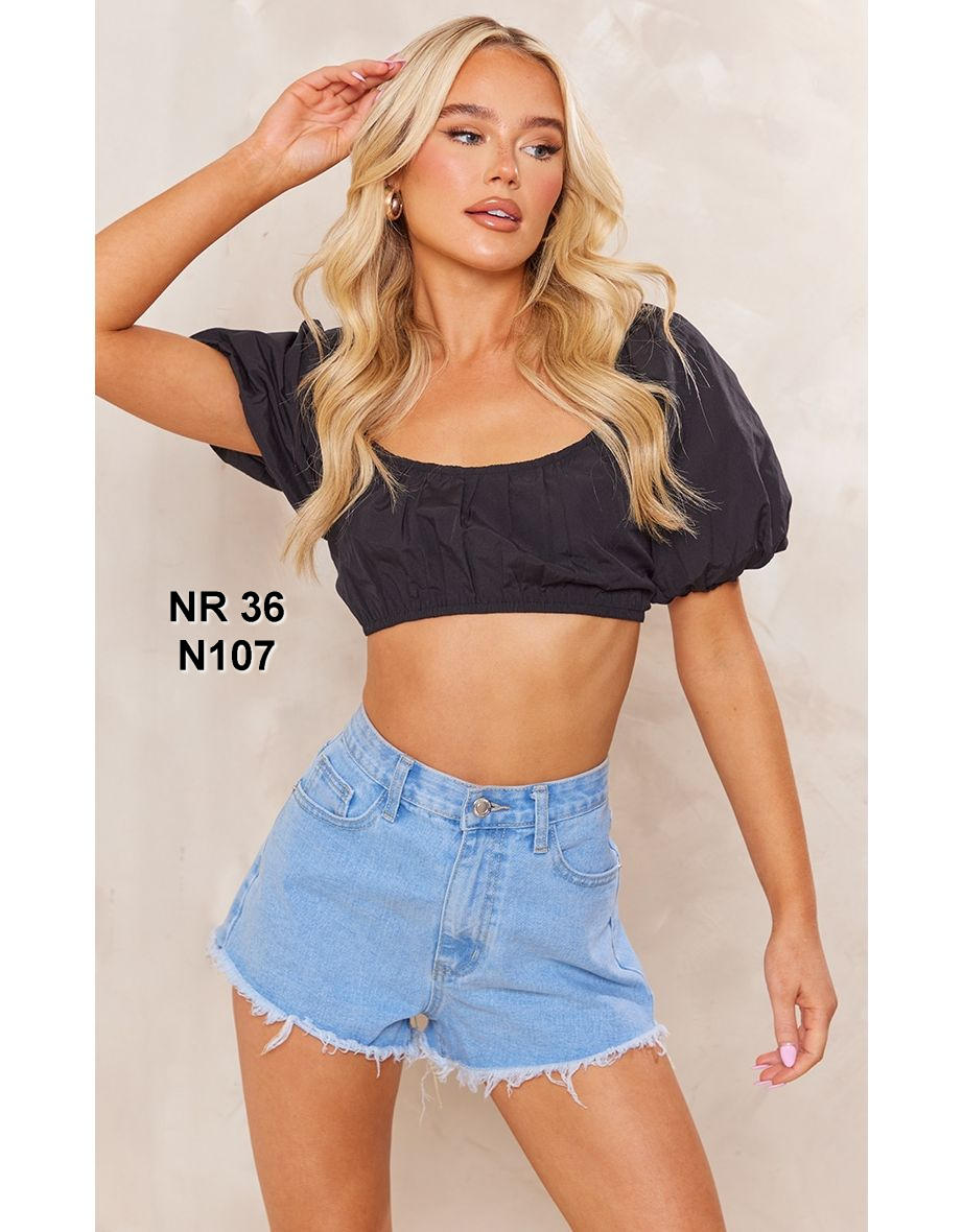 Black Woven Lace Back Puff Sleeve Crop Top