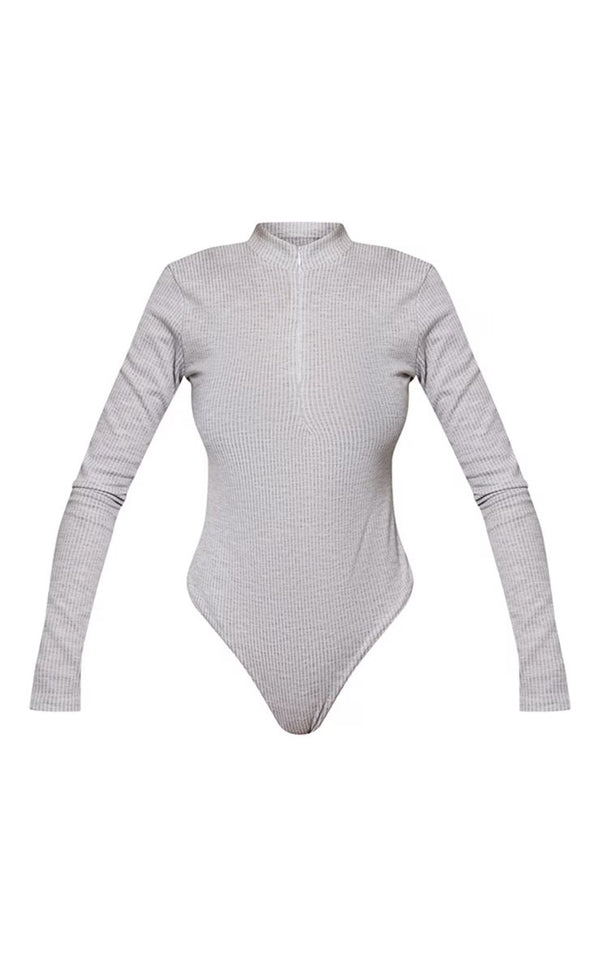Light Grey Wide Two Tone Rib Half Zip Bodysuit