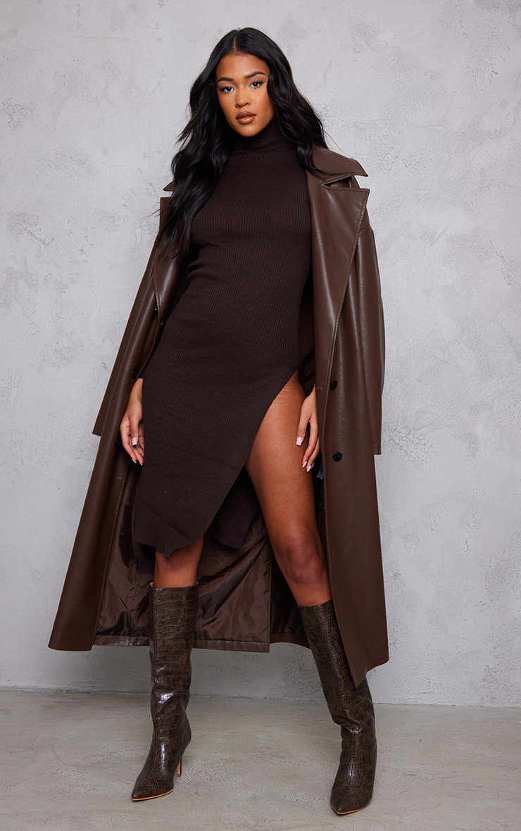 Tall Chocolate Roll Neck Side Split Midi Dress
