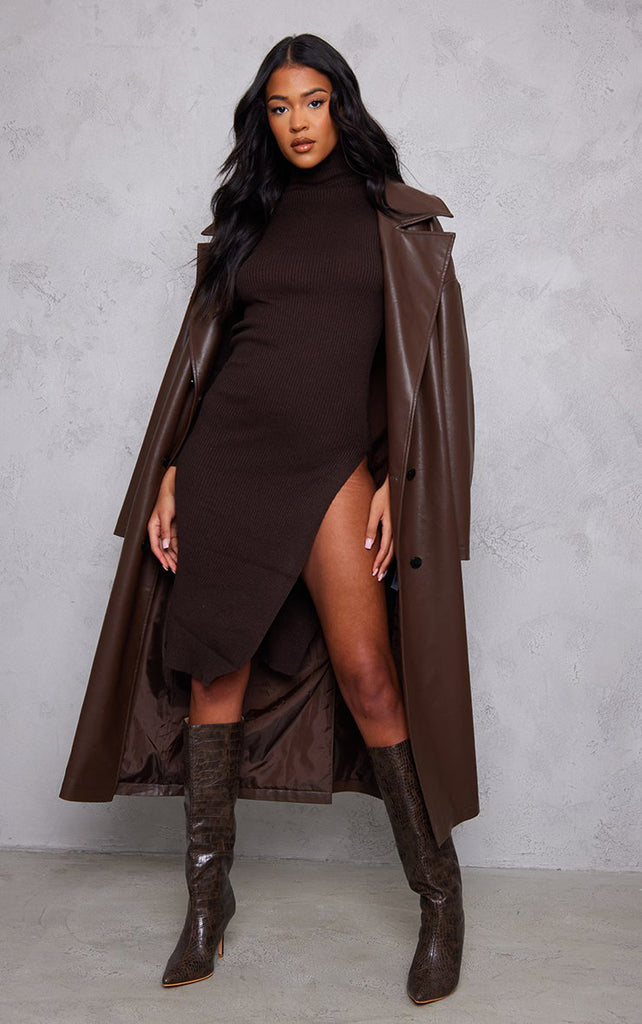 Tall Chocolate Roll Neck Side Split Midi Dress