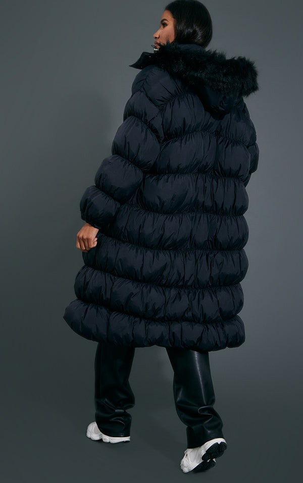 Black Maxi Length Hooded Bubble Puffer