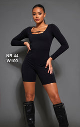 Black Strap Detail Long Sleeve Jersey Unitard