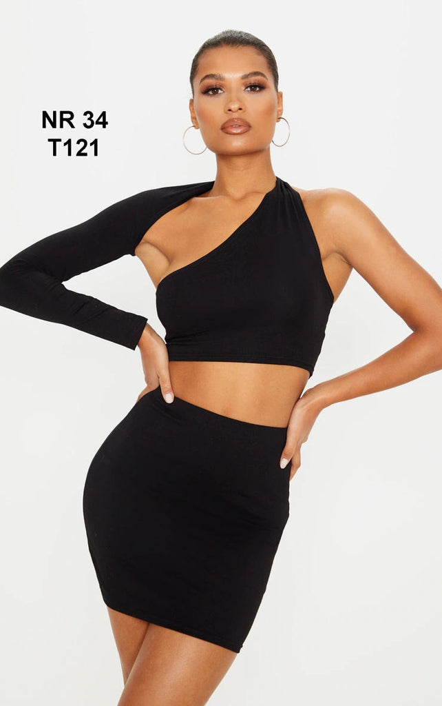 Black Cotton One Shoulder Asymmetric Crop Top