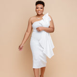 Plus White One Shoulder Pleated Detail Midi Dress