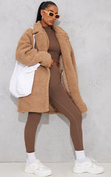 Camel Borg Lapel Drop Arm Midi Coat