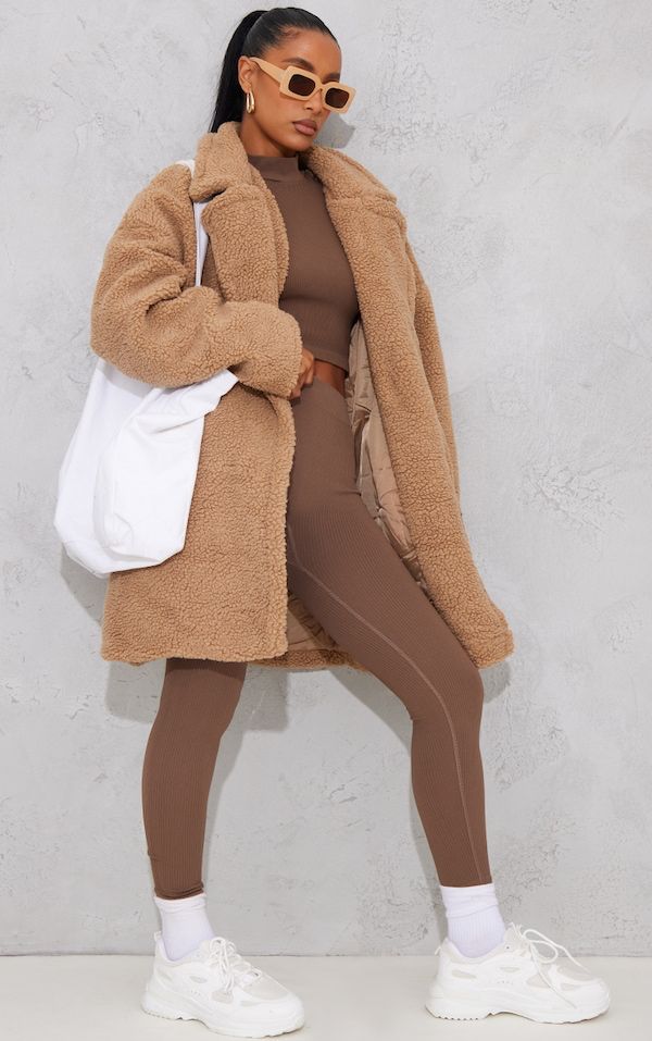 Camel Borg Lapel Drop Arm Midi Coat