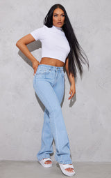 Basic White Rib High Neck Short Sleeve Crop Top
