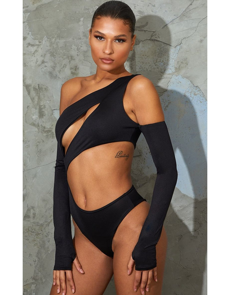 Bodysuit me vrima të prera në gishtin e madh Bardot të zi Slinky