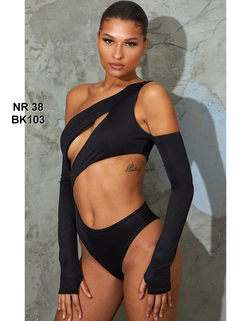 Black Slinky Bardot Thumb Hole Cut Out Bodysuit (Copy)