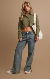 Khaki Cargo Distressed Crop Shirt