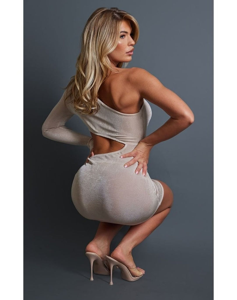 Stone Rib High Neck Front Cut Out Mini Dress