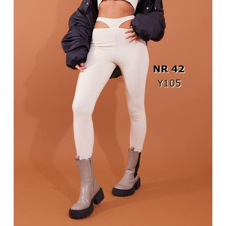 Oatmeal Brushed Rib Cut Out Straight Leg Trousers