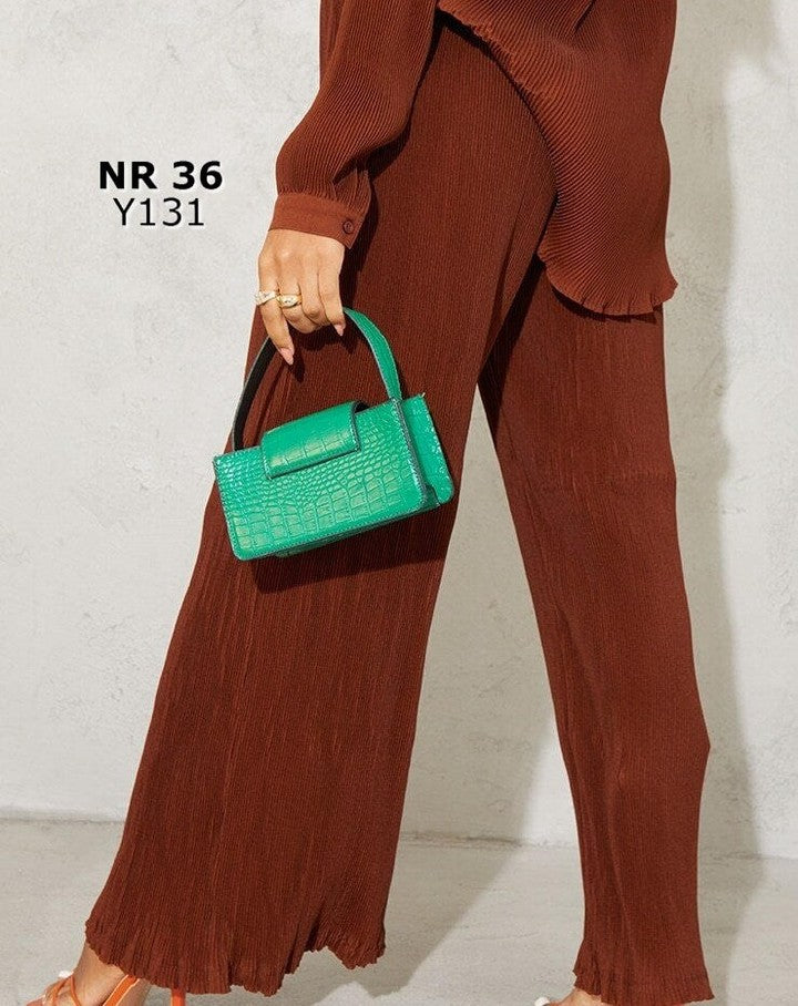 Petite Chocolate Plisse High Waisted Wide Leg Trousers