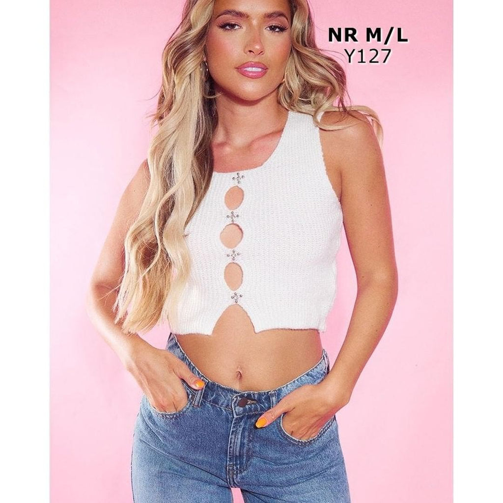 White Diamante Trim Knitted Top