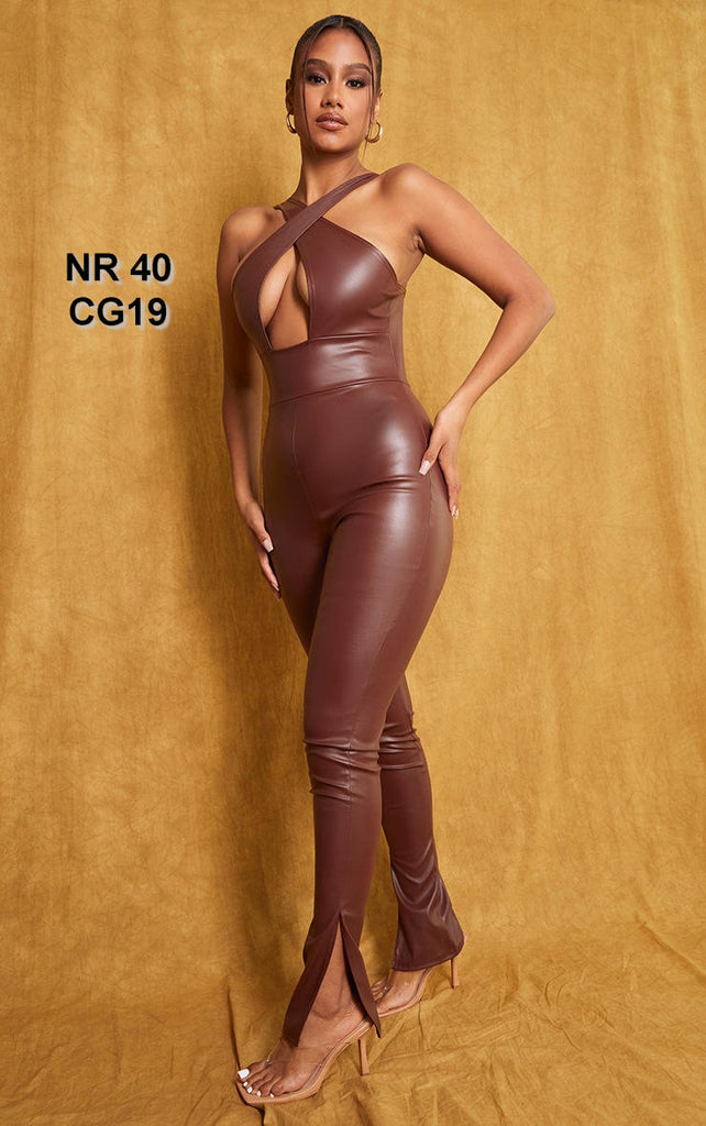Chocolate Pu Cross Neck Jumpsuit