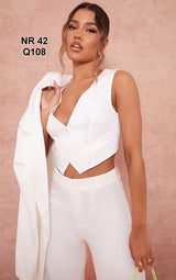 White Woven Belted Back Detail Suit Waistcoat Top