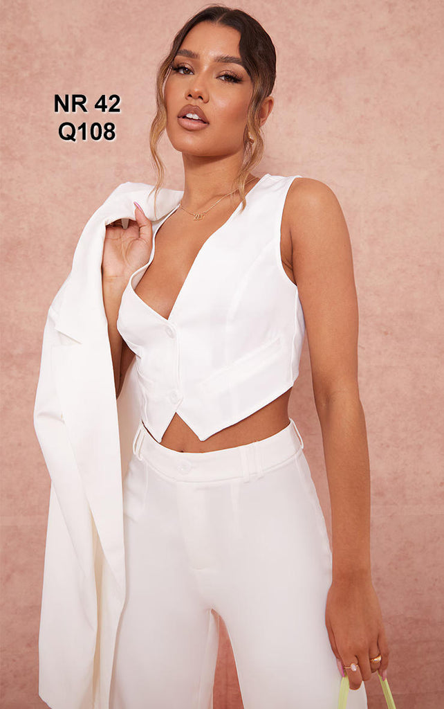 White Woven Belted Back Detail Suit Waistcoat Top