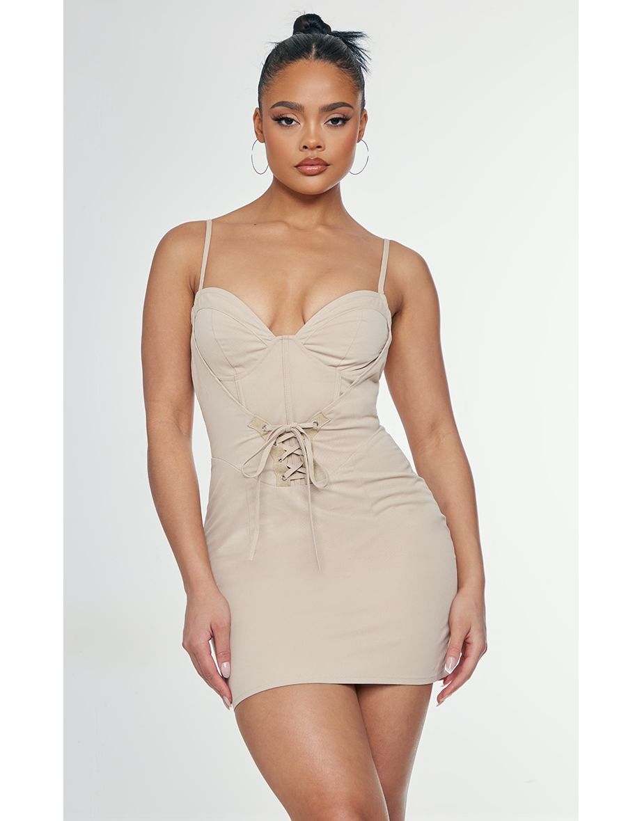 Beige Cargo Lace Up Corset Detail Bodycon Dress