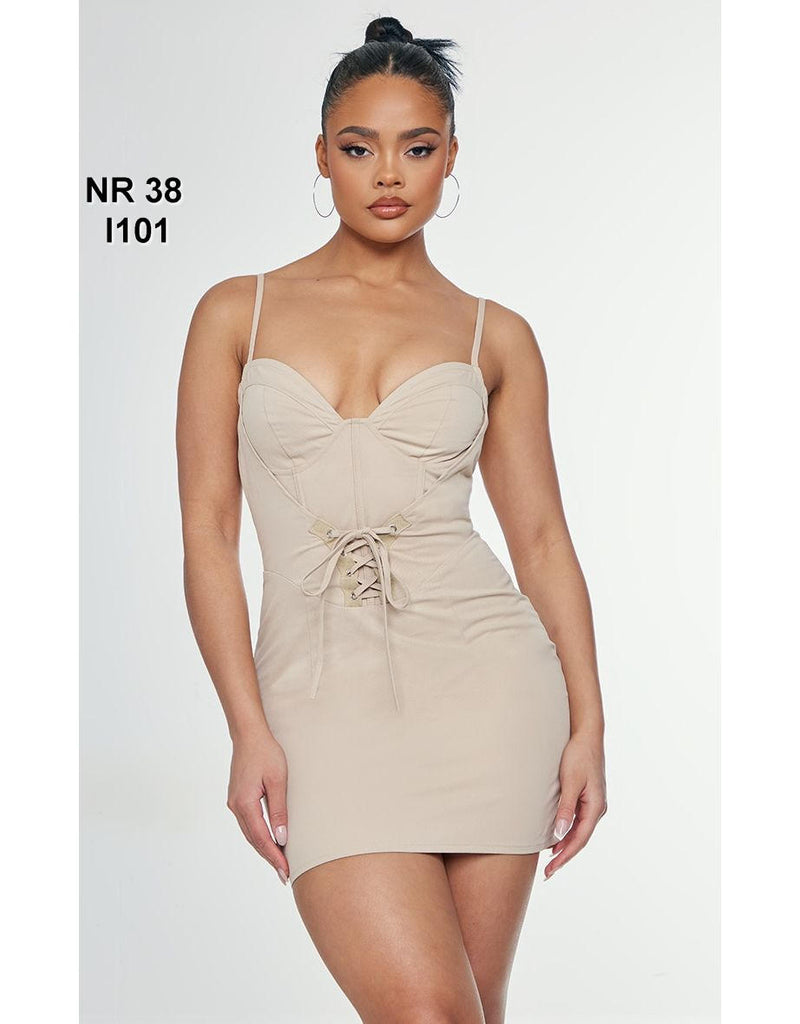Fustan Bodycon bexh me detaje korse dhe lidhëse, me xhepa