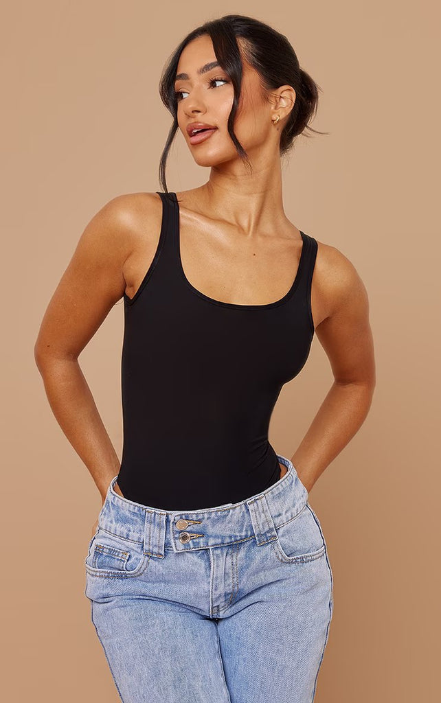 Petite Black Slinky Square Neck Thong Bodysuit