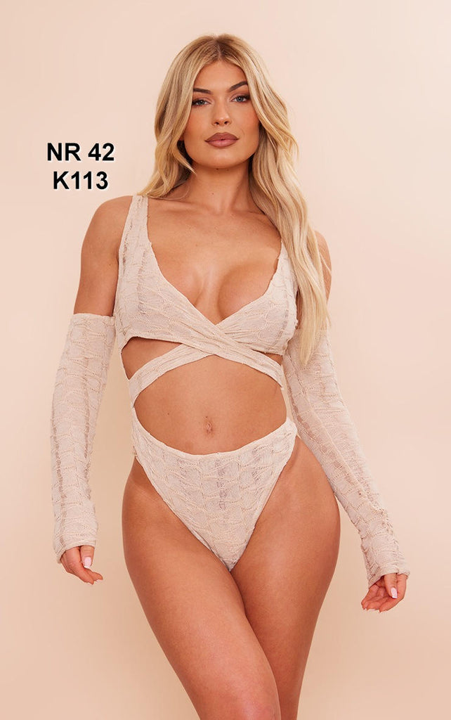 Stone Textured Cross Front Cold Shoulder Bodysuit