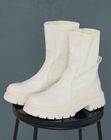 Cream Knitted Panel Wave Sole Chunky Calf High Ankle Boots